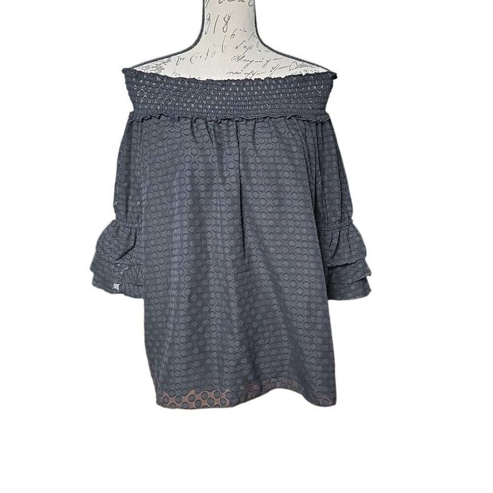 CeCe Women's Size Large Rich Black Dot Ruffle Sleeve Frilly Blouse